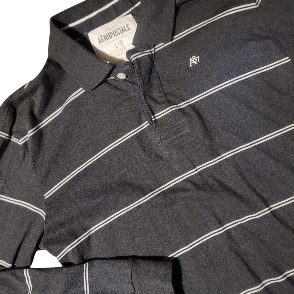 Aeropostale 1987 Polo Shirt Mens L Gray White‎ Stripe Rugby Y2K Casual Preppy